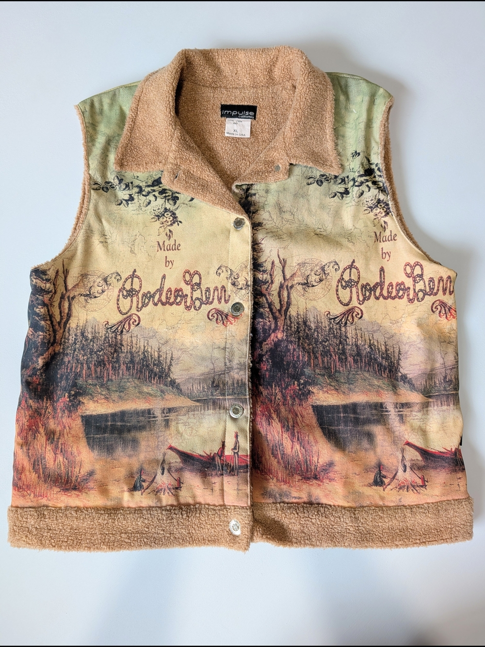 Vtg 90s Impulse California Sherpa Lined Scenic Art Western Vest Womens XL